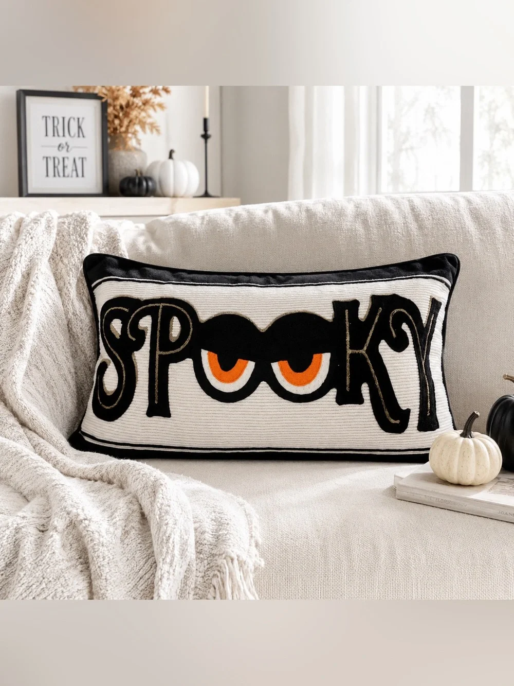 Brand New “SPOOKY” Halloween Lumbar Pillow Black White Orange Eyes Gothic Decor